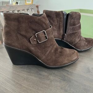 Women's Clarks Brown Suede Wedge Ankle Boots with Strap